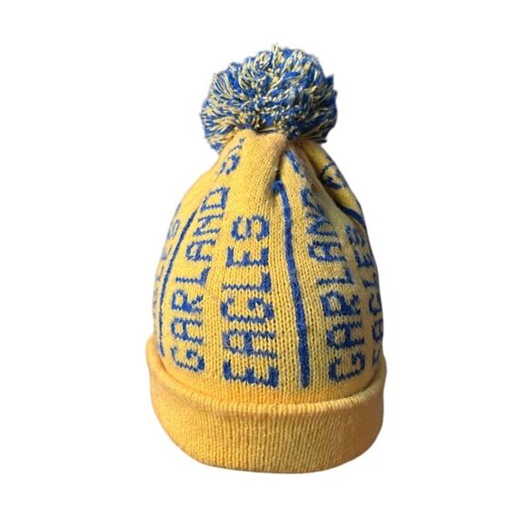 Vintage 80s School Garland Eagles Beanie Winter Hat Ski Snow Yellow Blue Pom Pom - Picture 2 of 5